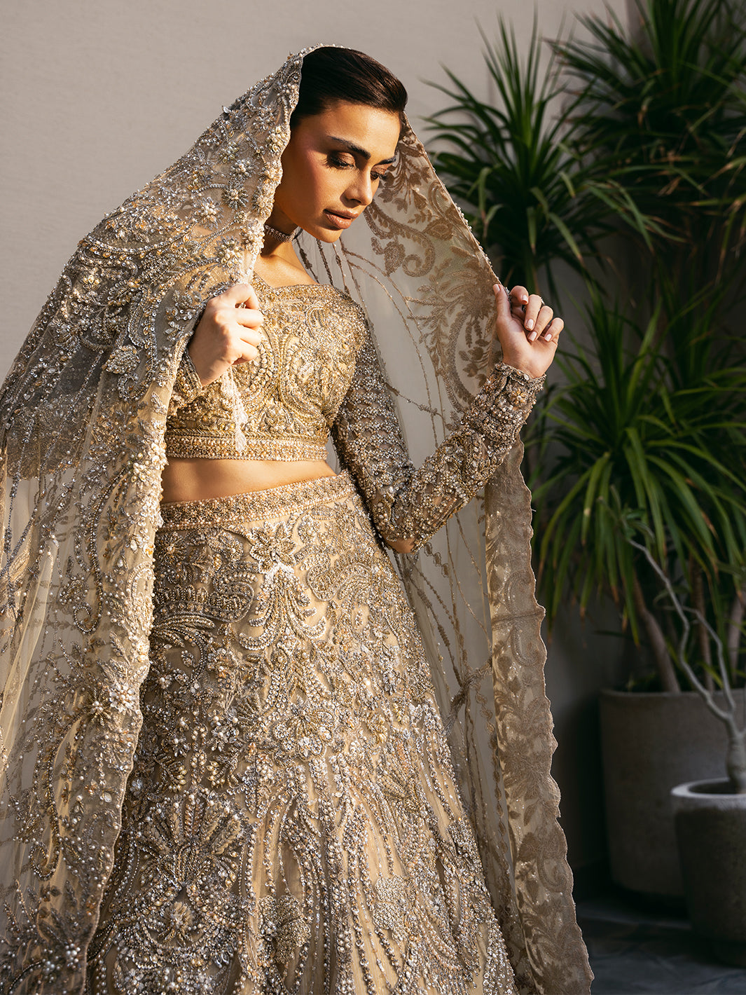 Pakistani Champagne Embroidered Tulle Lehenga Choli (3-Piece) - Image 10