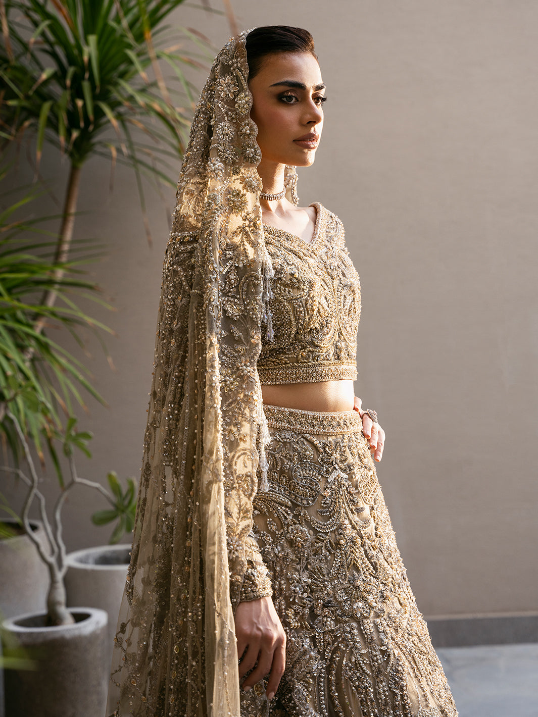 Pakistani Champagne Embroidered Tulle Lehenga Choli (3-Piece) - Image 12