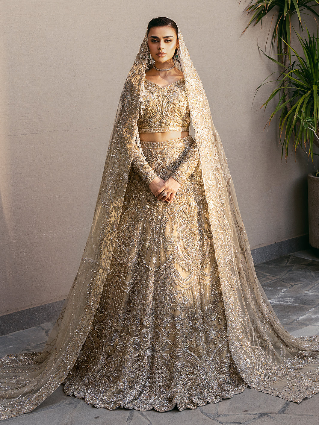 Pakistani Champagne Embroidered Tulle Lehenga Choli (3-Piece) - Image 2