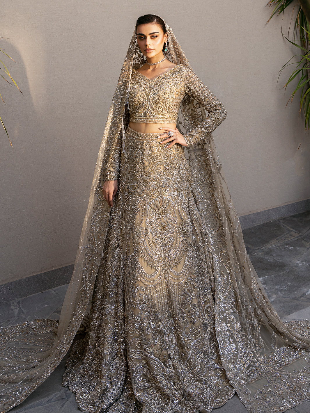 Pakistani Champagne Embroidered Tulle Lehenga Choli (3-Piece) - Image 4