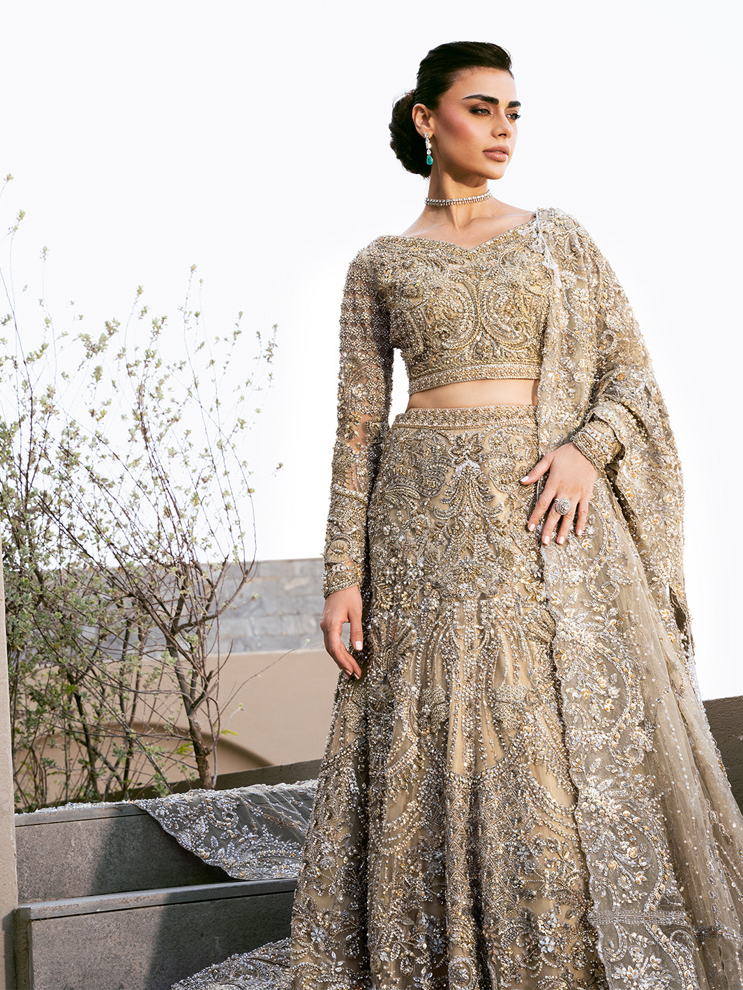 Pakistani Champagne Embroidered Tulle Lehenga Choli (3-Piece) - Image 6