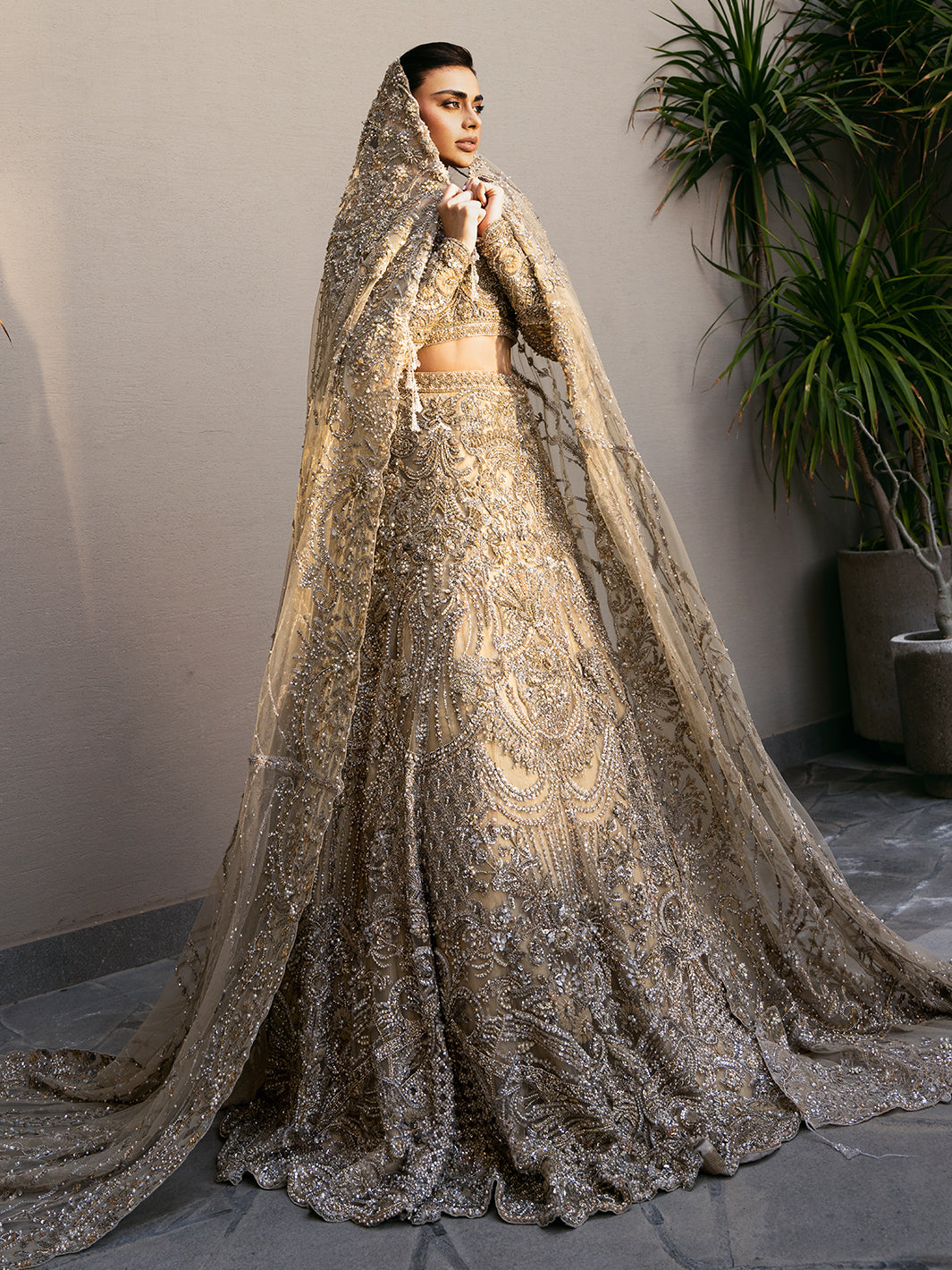 Pakistani Champagne Embroidered Tulle Lehenga Choli (3-Piece) - Image 7