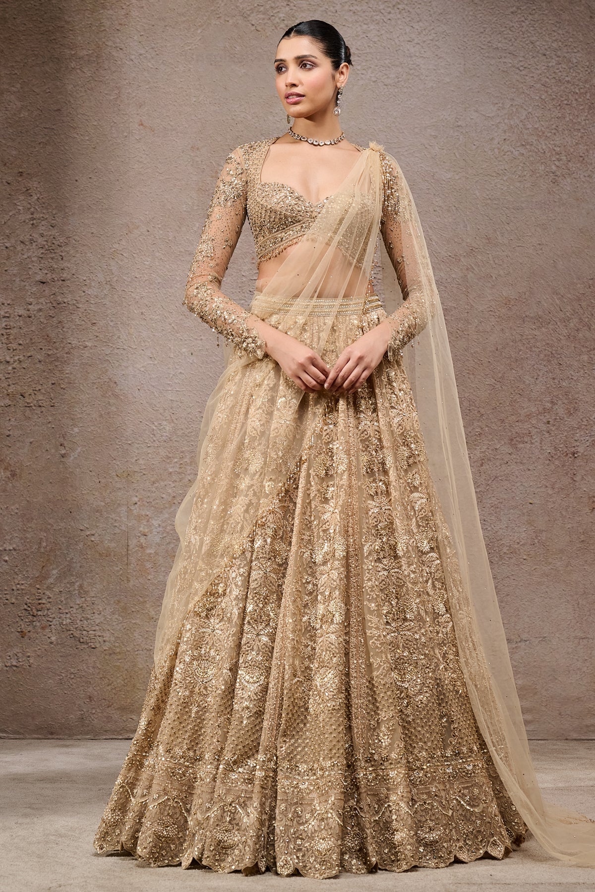 Indian Gold Hand-Embroidered Tulle Net Lehenga (3-Piece) - Image 1