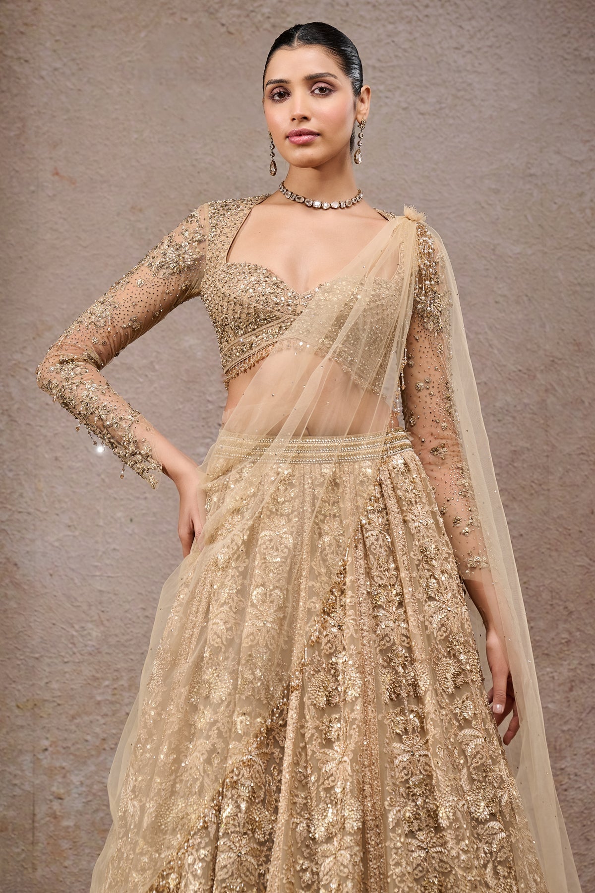Indian Gold Hand-Embroidered Tulle Net Lehenga (3-Piece) - Image 2