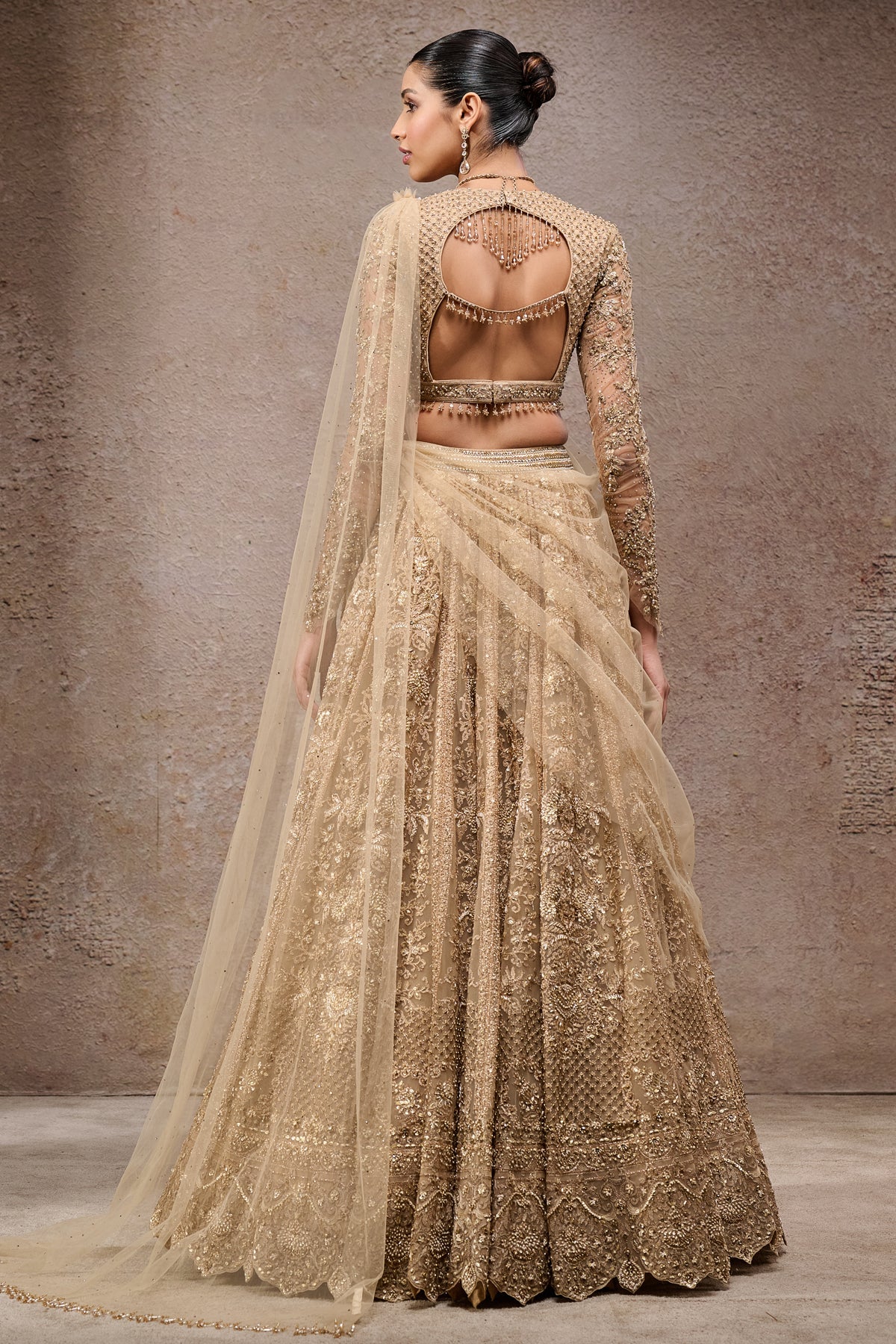 Indian Gold Hand-Embroidered Tulle Net Lehenga (3-Piece) - Image 3