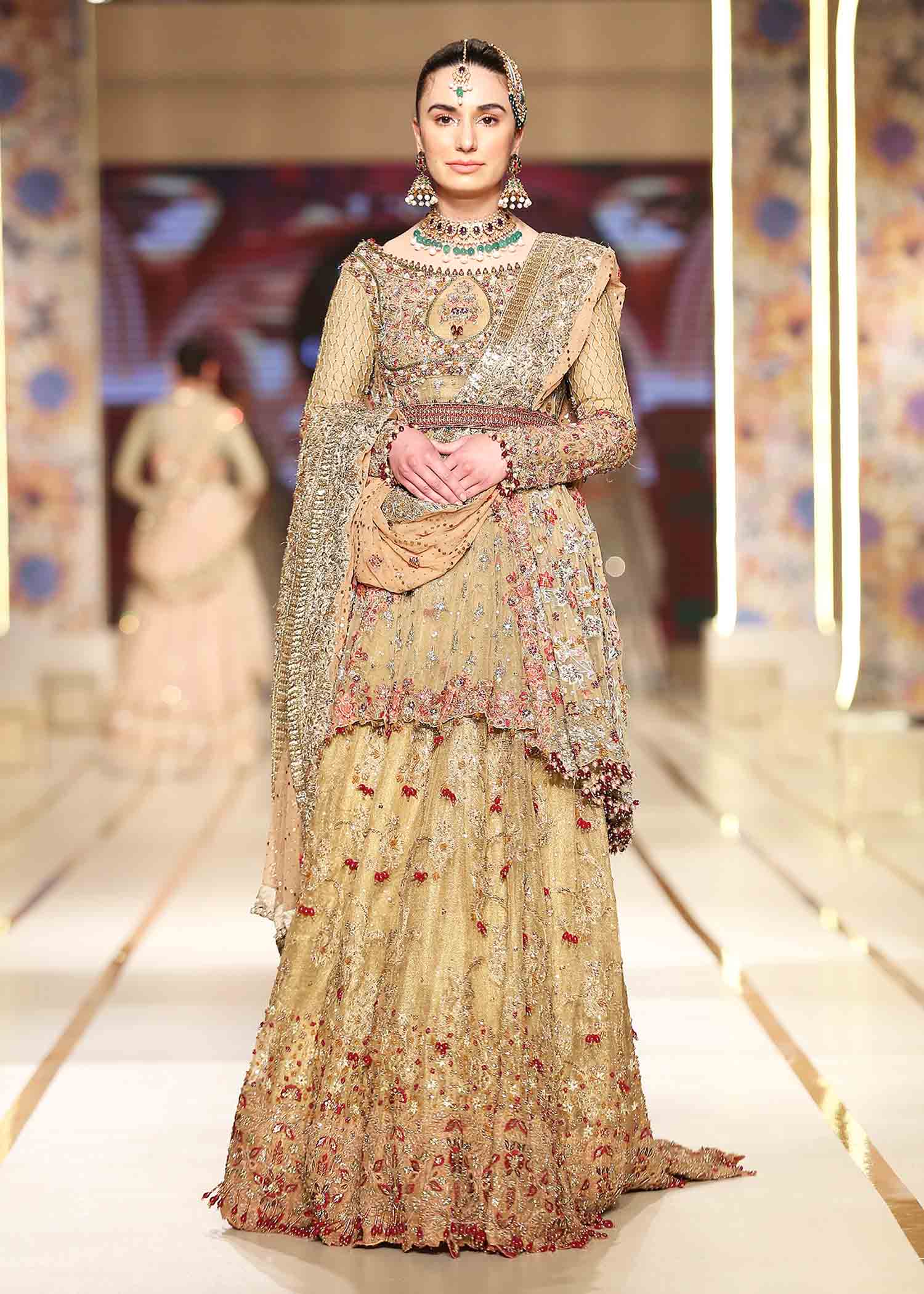 Ochre Gold Embroidered Tulle Peplum Lehenga (3-Piece) - Image 1