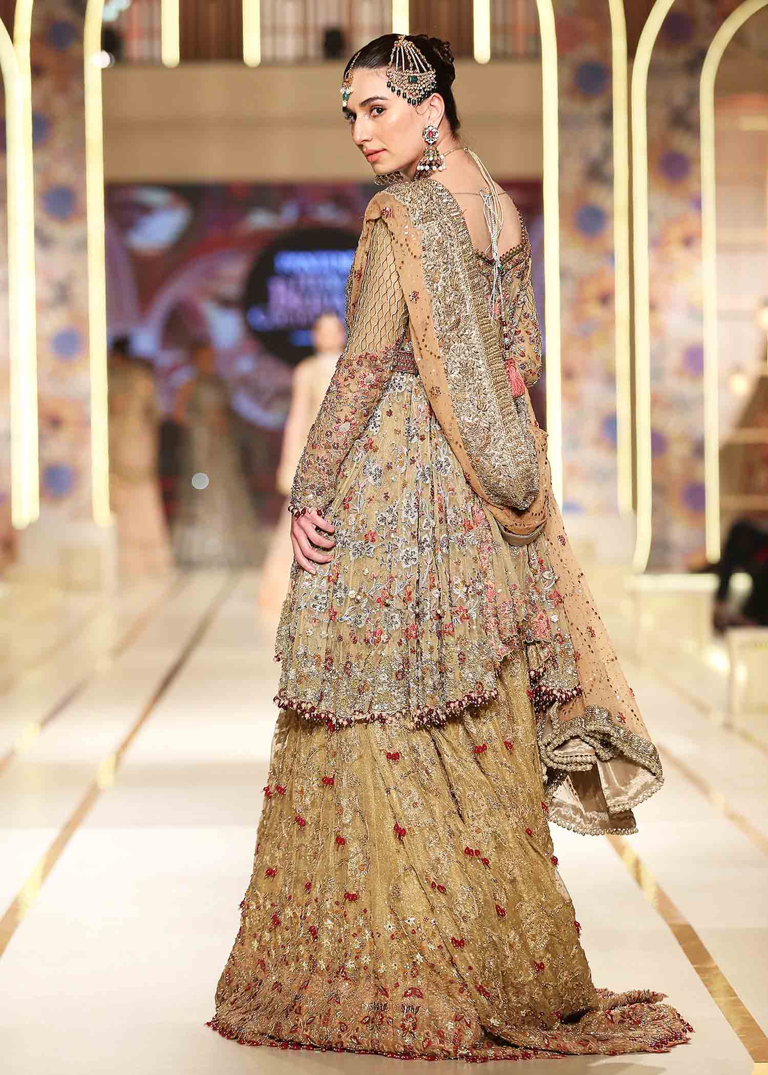 Ochre Gold Embroidered Tulle Peplum Lehenga (3-Piece) - Image 2