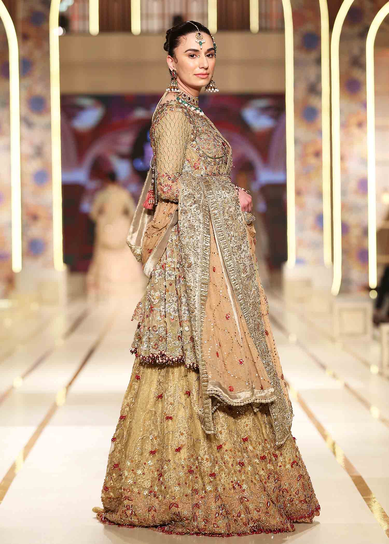 Ochre Gold Embroidered Tulle Peplum Lehenga (3-Piece) - Image 3