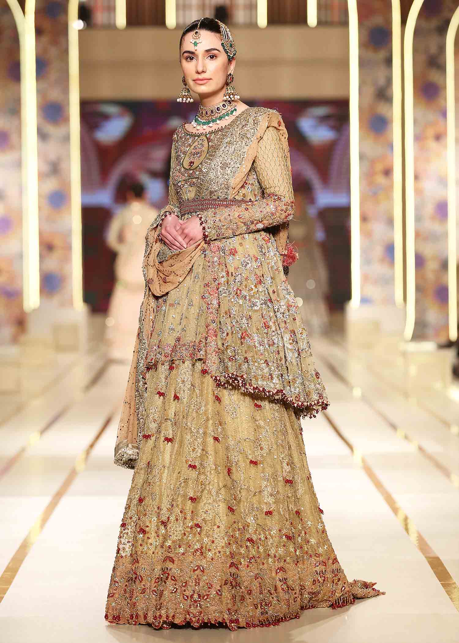 Ochre Gold Embroidered Tulle Peplum Lehenga (3-Piece) - Image 4