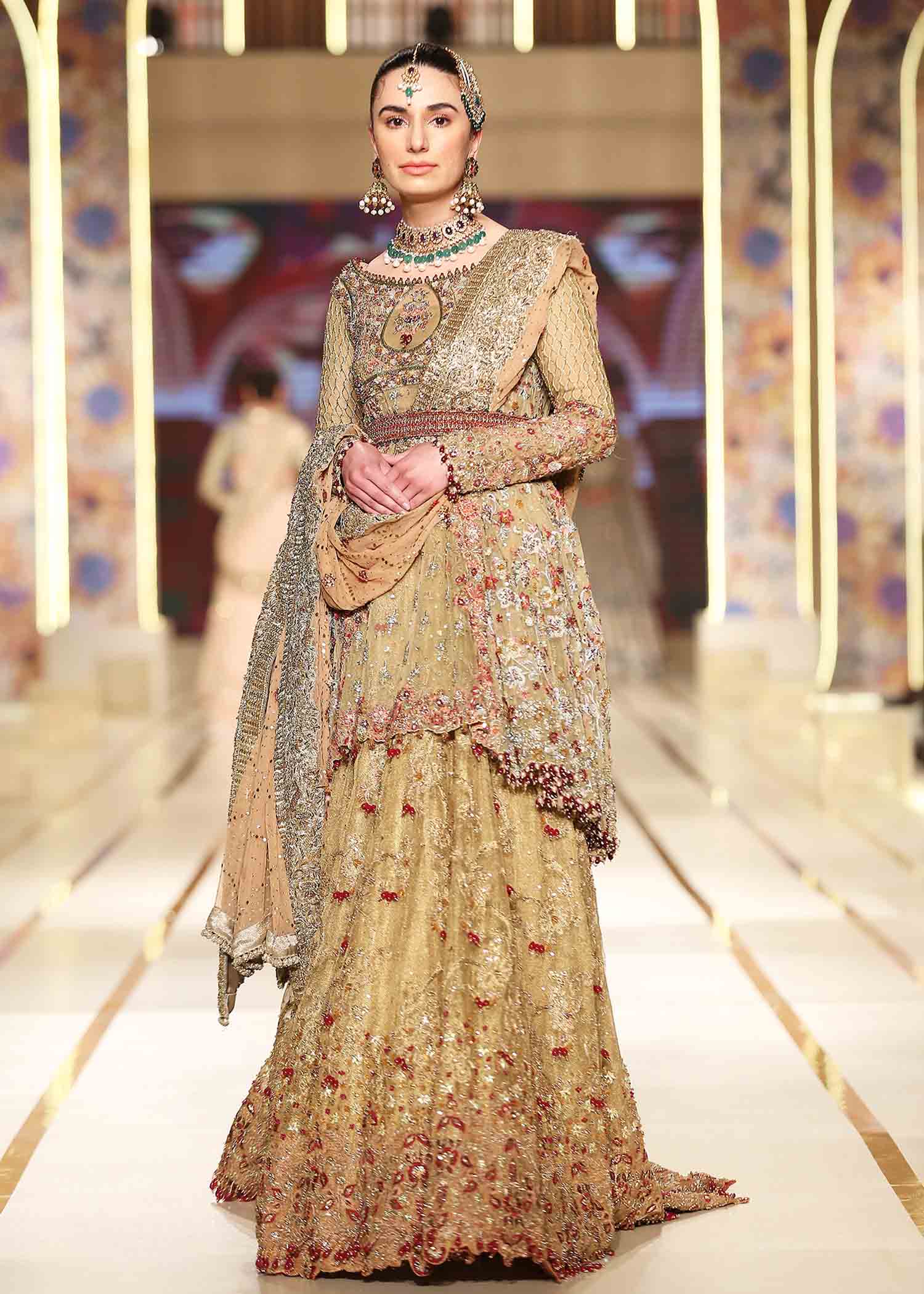 Ochre Gold Embroidered Tulle Peplum Lehenga (3-Piece) - Image 5