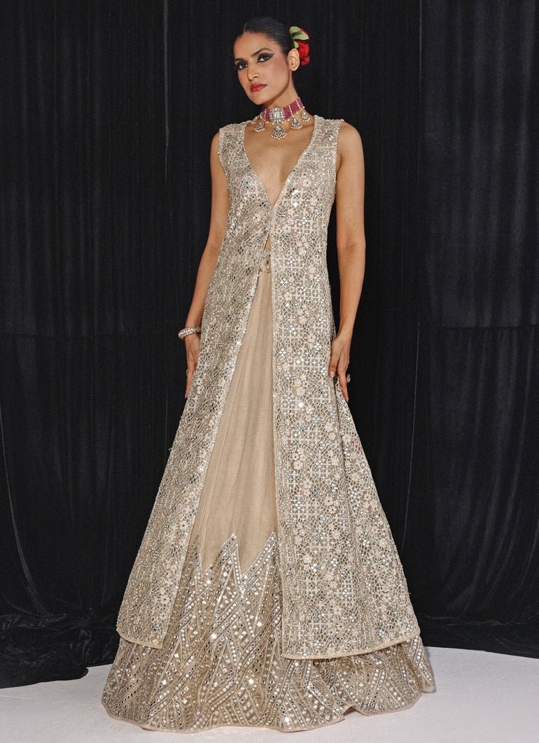 Gold Mirrorwork Tulle Lehenga with Appliqué Cape (2-Piece) - Image 1