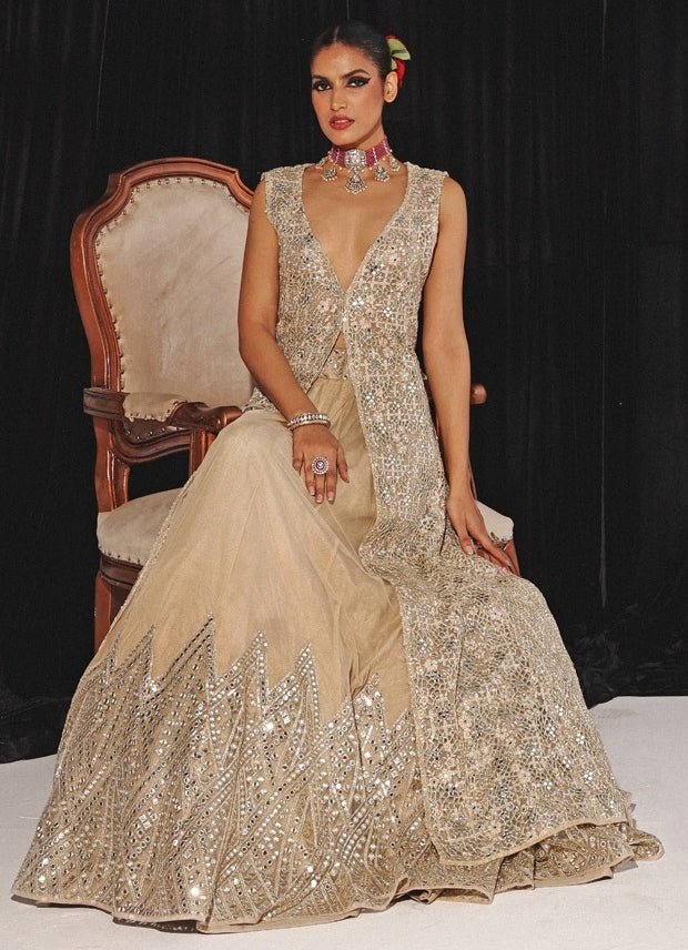 Gold Mirrorwork Tulle Lehenga with Appliqué Cape (2-Piece) - Image 3