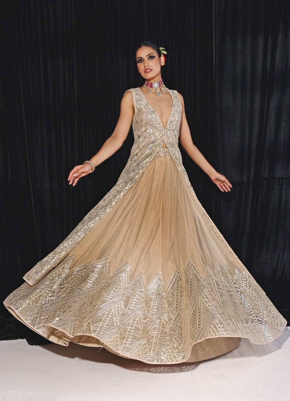 Gold Mirrorwork Tulle Lehenga with Appliqué Cape (2-Piece) - Image 5
