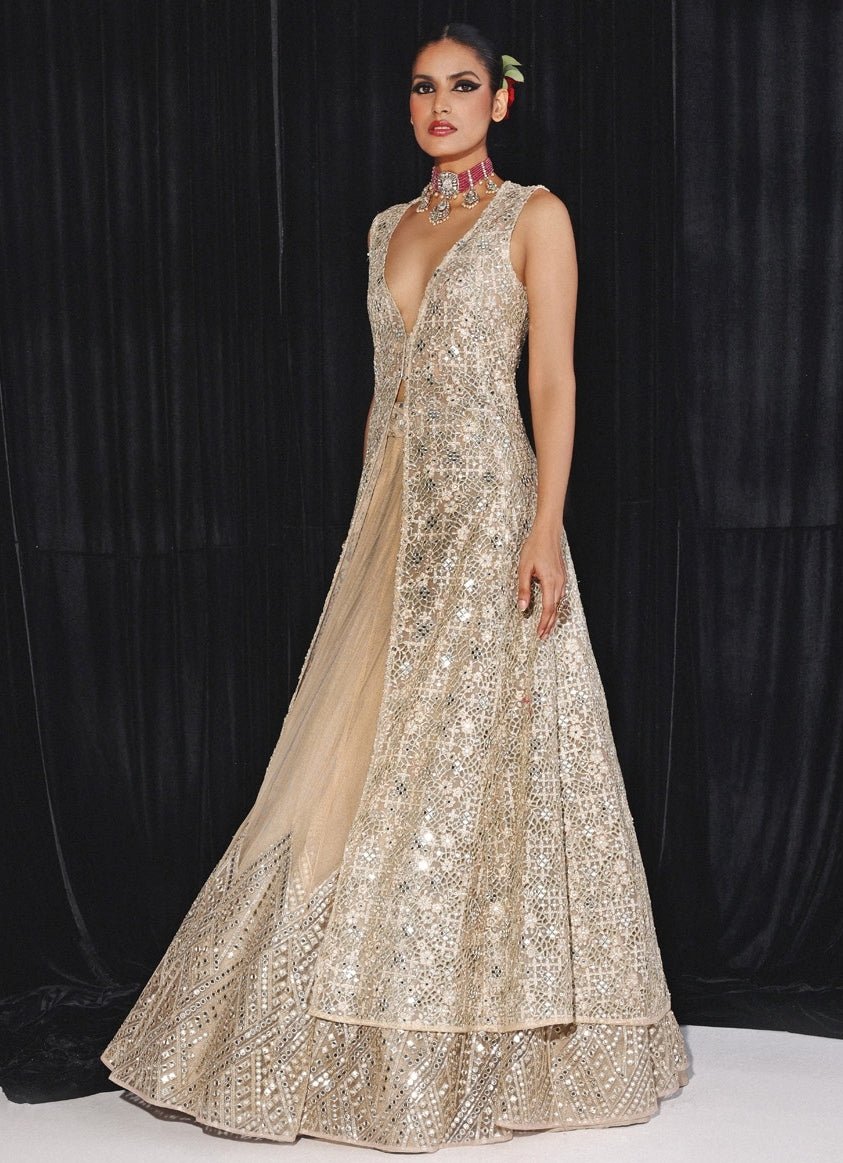 Gold Mirrorwork Tulle Lehenga with Appliqué Cape (2-Piece) - Image 6