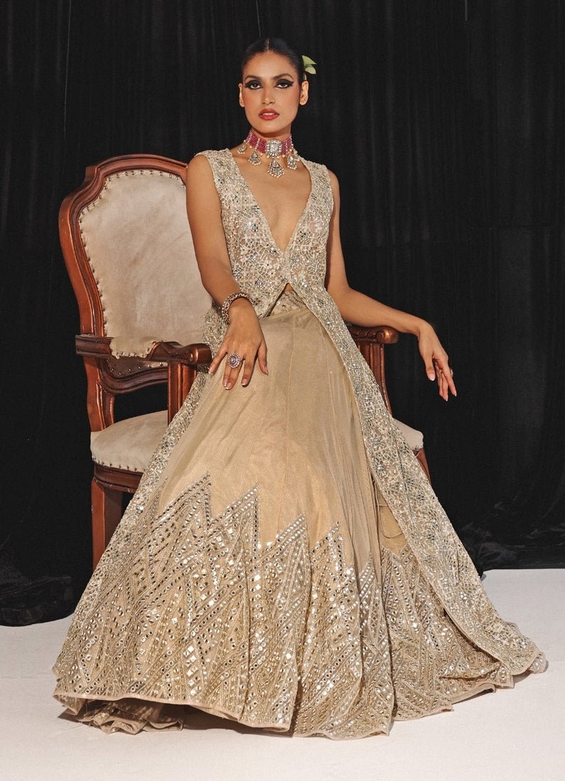 Gold Mirrorwork Tulle Lehenga with Appliqué Cape (2-Piece) - Image 7