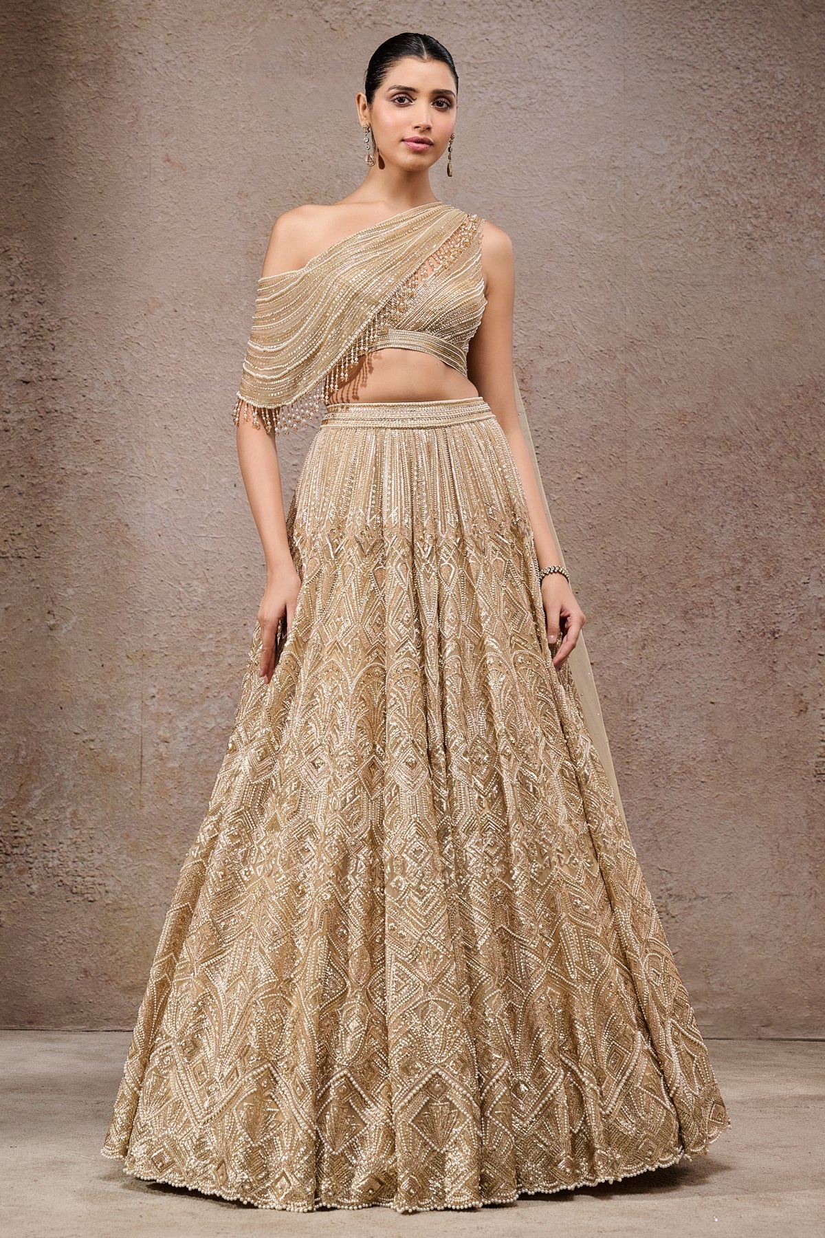 Gold Pearl & Sequin Tulle Net Lehenga (3-Piece) - Image 1
