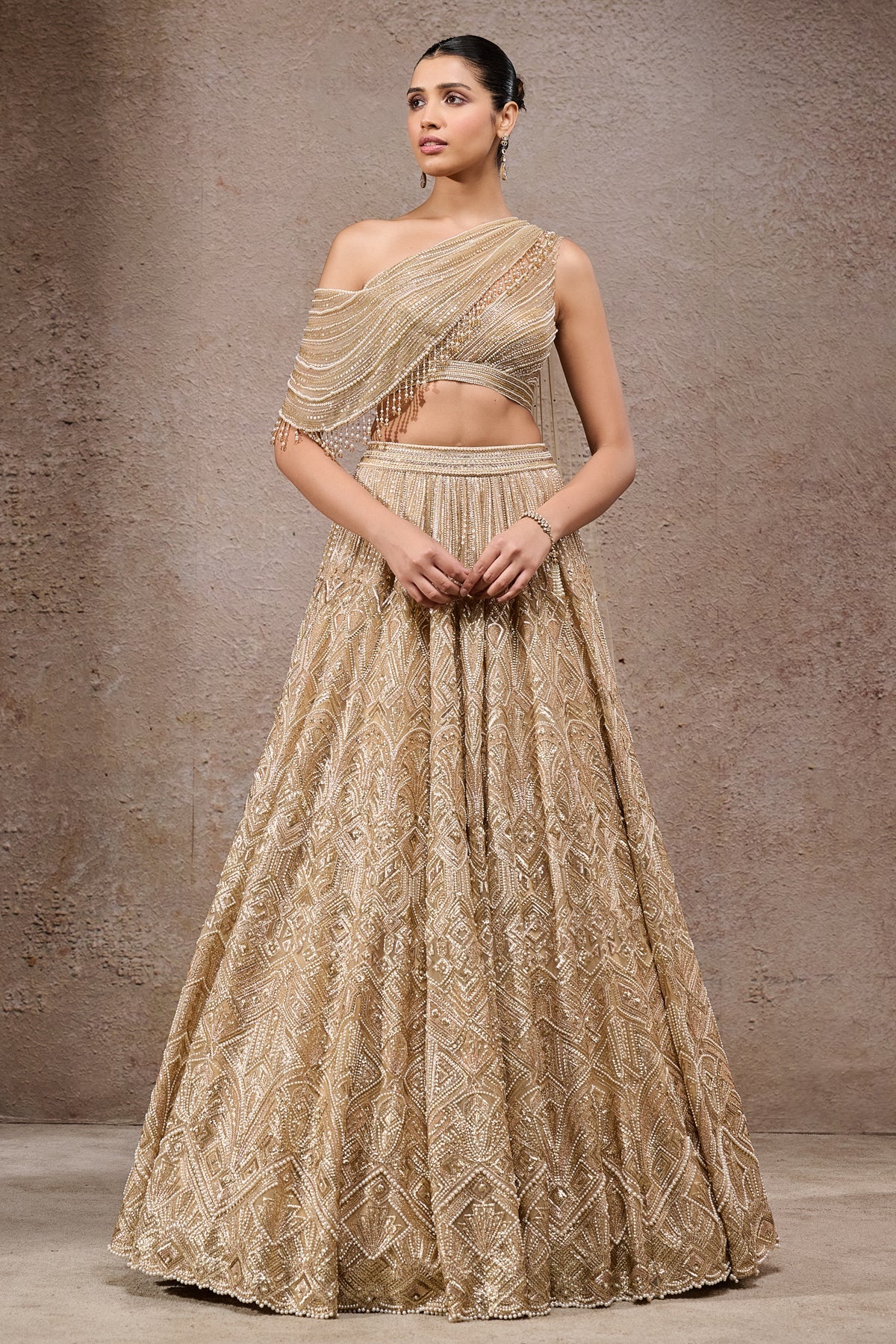 Gold Pearl & Sequin Tulle Net Lehenga (3-Piece) - Image 2
