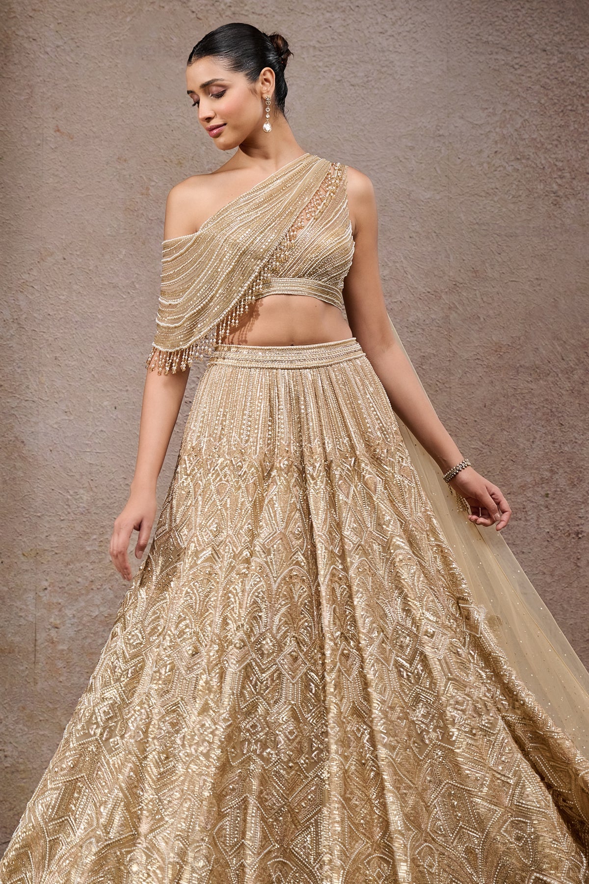 Gold Pearl & Sequin Tulle Net Lehenga (3-Piece) - Image 3