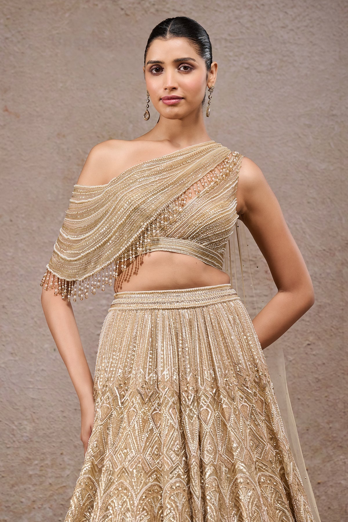 Gold Pearl & Sequin Tulle Net Lehenga (3-Piece) - Image 5