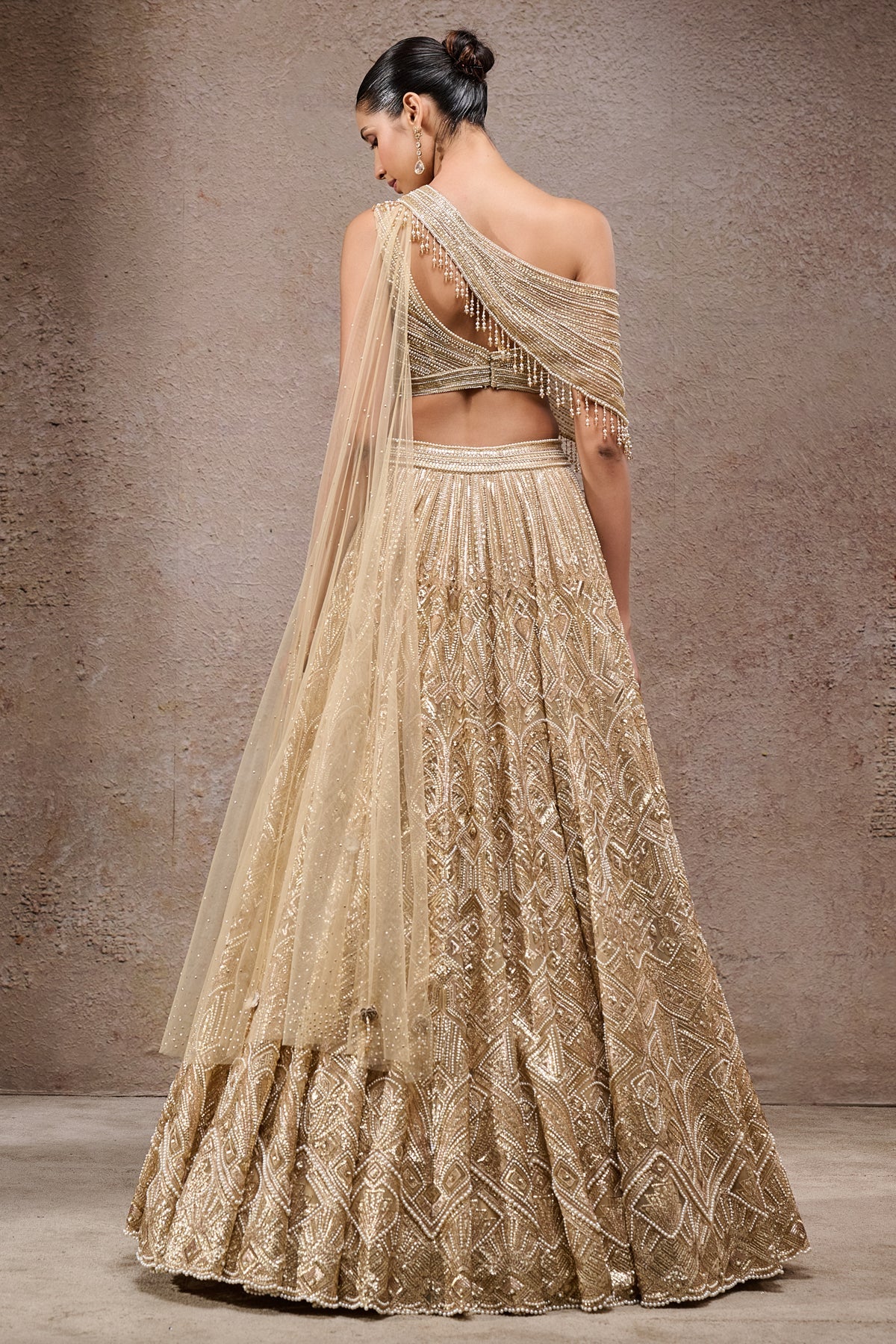 Gold Pearl & Sequin Tulle Net Lehenga (3-Piece) - Image 6