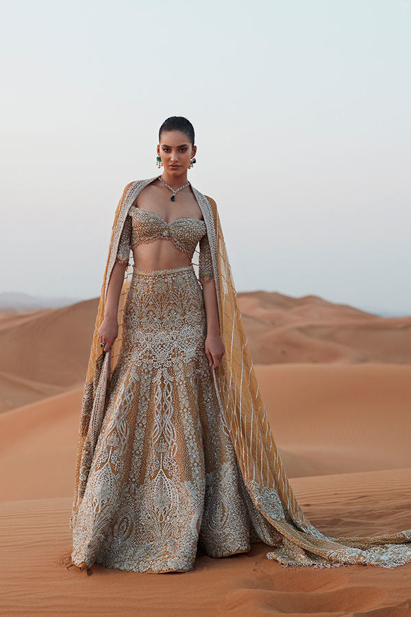 Pakistani Gold Embellished Tulle Lehenga Choli (3-Piece) - Image 1
