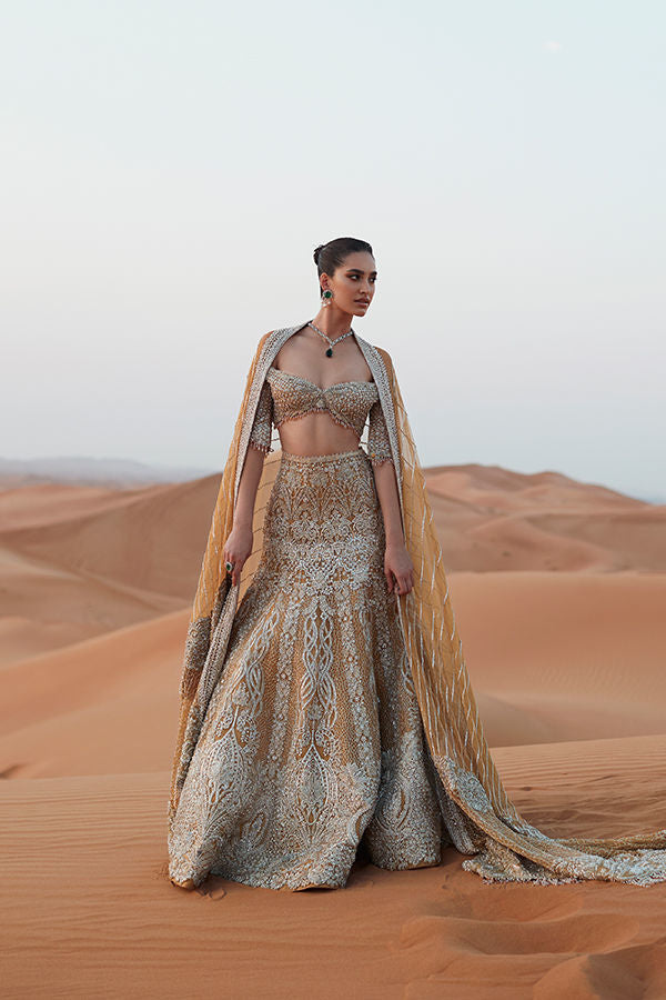 Pakistani Gold Embellished Tulle Lehenga Choli (3-Piece) - Image 2