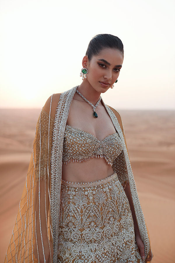 Pakistani Gold Embellished Tulle Lehenga Choli (3-Piece) - Image 3