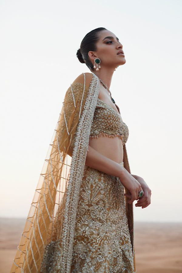 Pakistani Gold Embellished Tulle Lehenga Choli (3-Piece) - Image 5