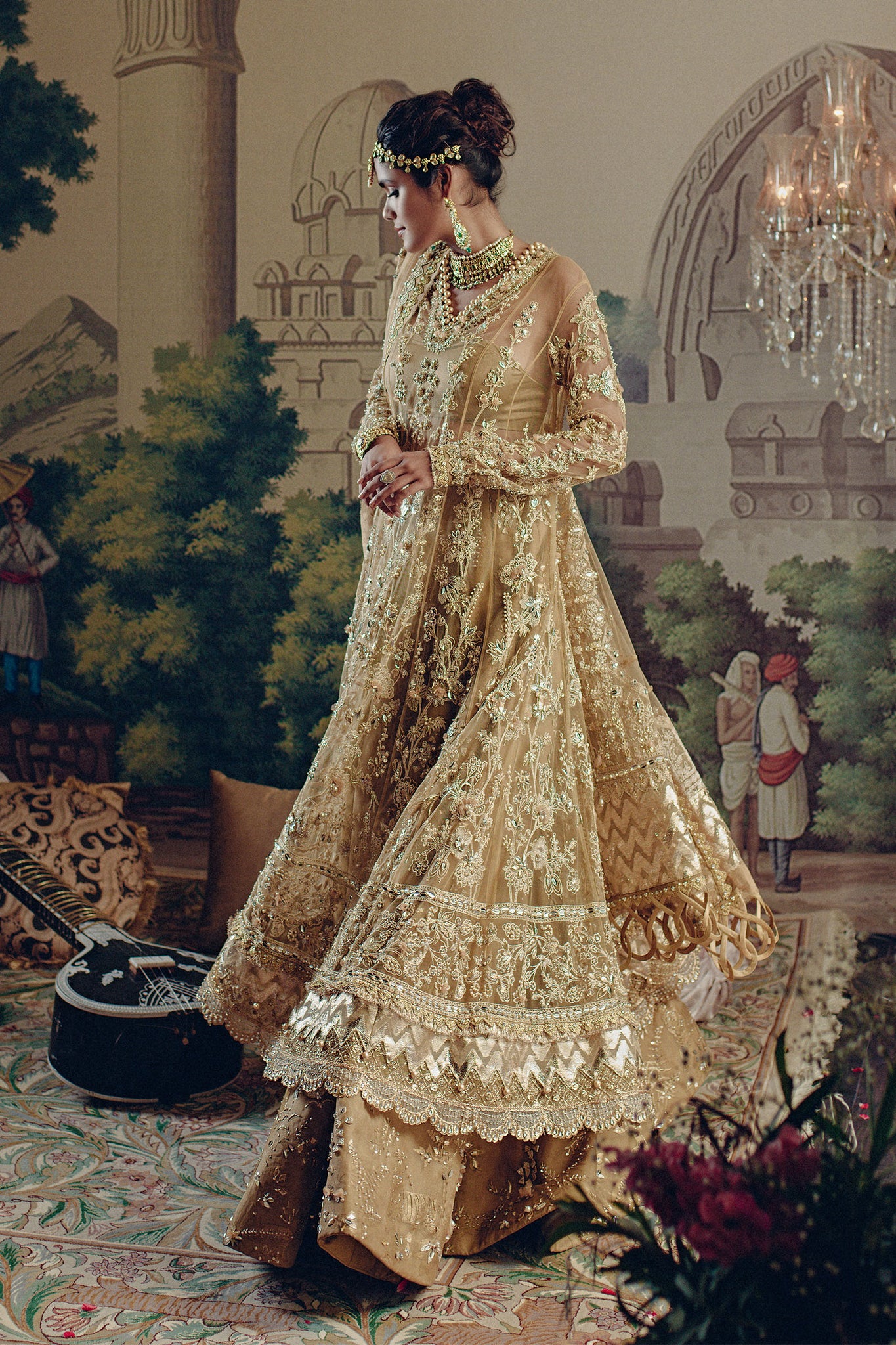Pakistani Gold Embellished Tulle Bridal Lehenga (3-Piece) - Image 3