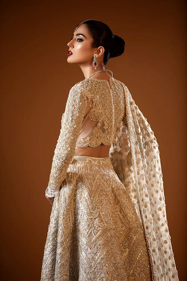 Pakistani Gold Zardozi & Marori Tulle Bridal Lehenga (3-Piece) - Image 3