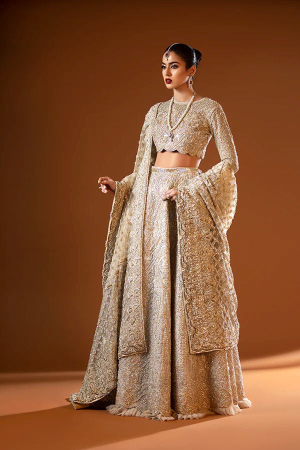 Pakistani Gold Zardozi & Marori Tulle Bridal Lehenga (3-Piece) - Image 4