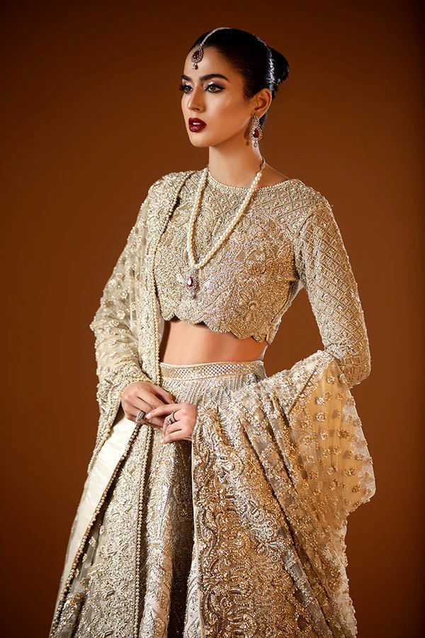 Pakistani Gold Zardozi & Marori Tulle Bridal Lehenga (3-Piece) - Image 5