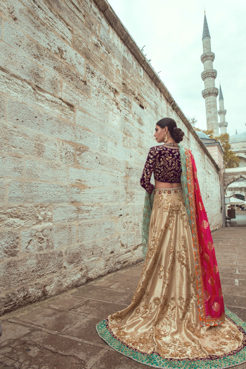 Gold Metallic Embroidered Velvet Jamawar Lehenga (3-Piece) - Image 1