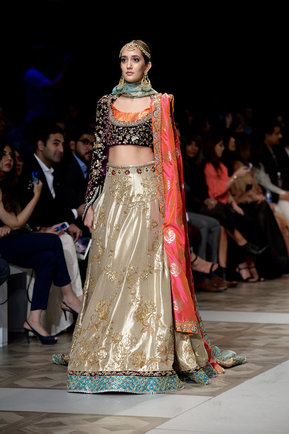 Gold Metallic Embroidered Velvet Jamawar Lehenga (3-Piece) - Image 2