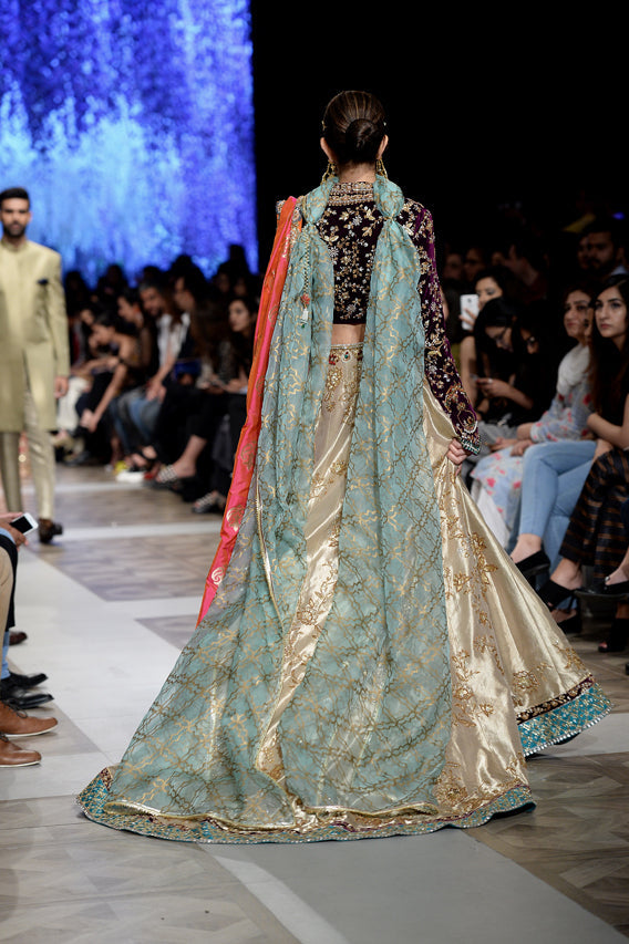 Gold Metallic Embroidered Velvet Jamawar Lehenga (3-Piece) - Image 3