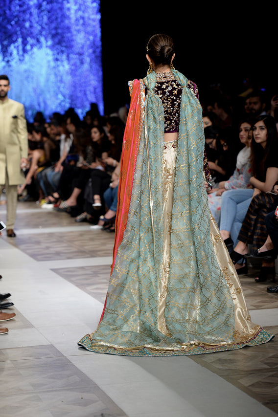 Gold Metallic Embroidered Velvet Jamawar Lehenga (3-Piece) - Image 5