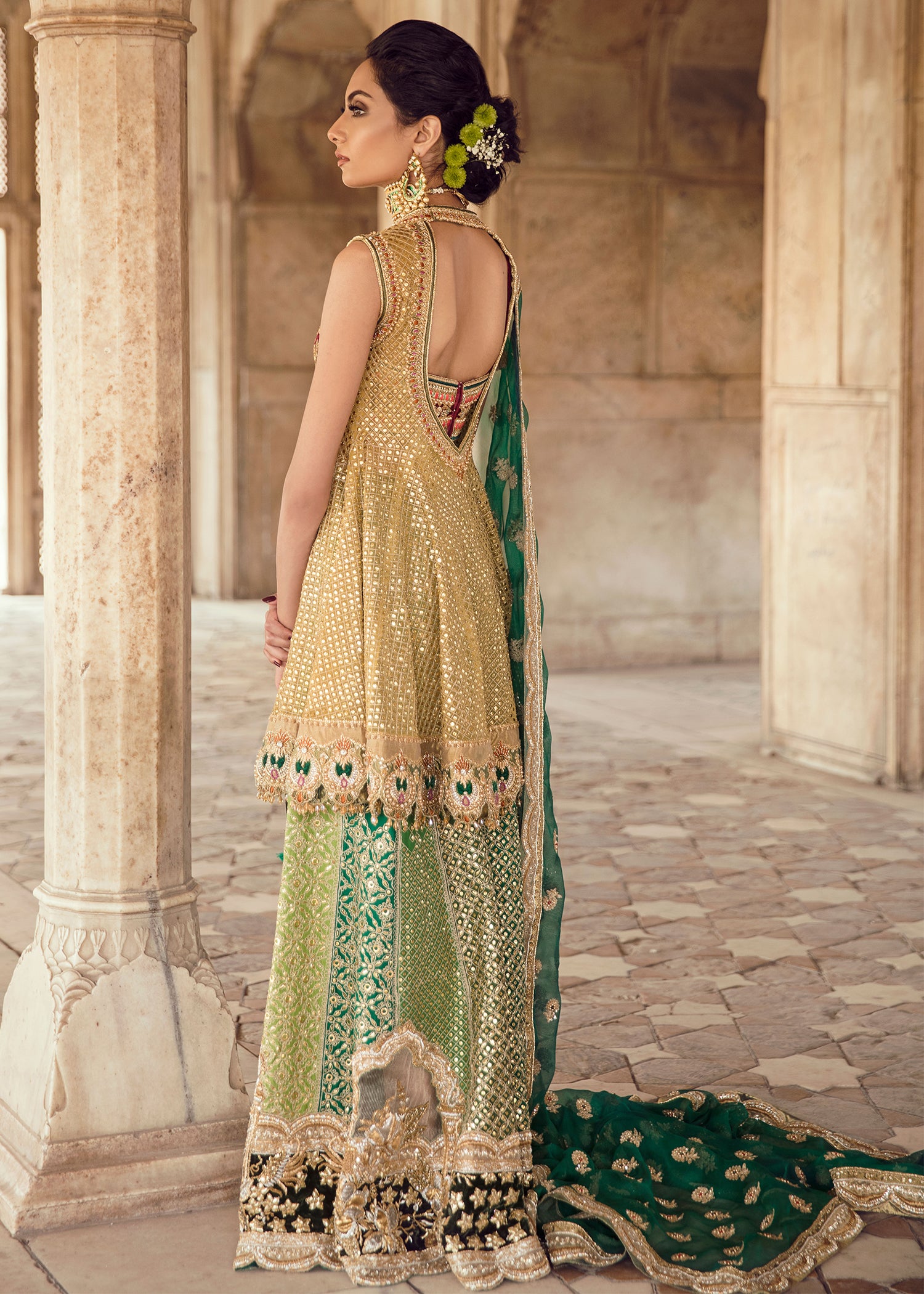 Pakistani Gold Green Embellished Velvet Brocade Lehenga (3-Piece) - Image 2