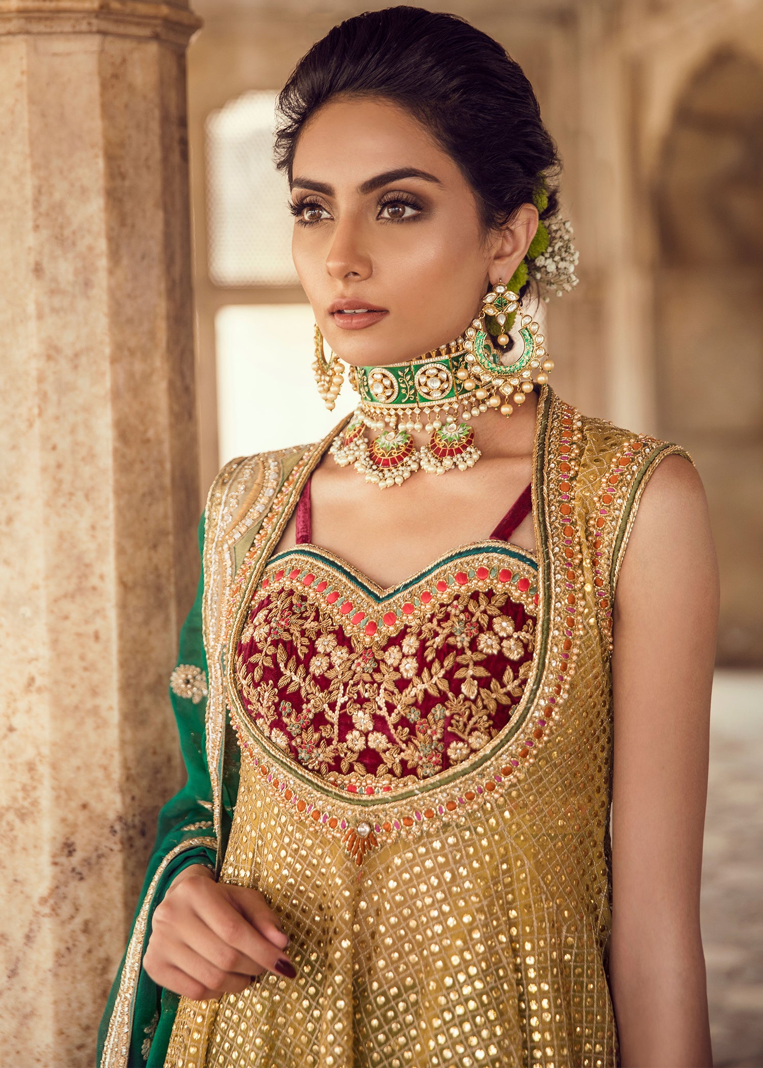 Pakistani Gold Green Embellished Velvet Brocade Lehenga (3-Piece) - Image 3