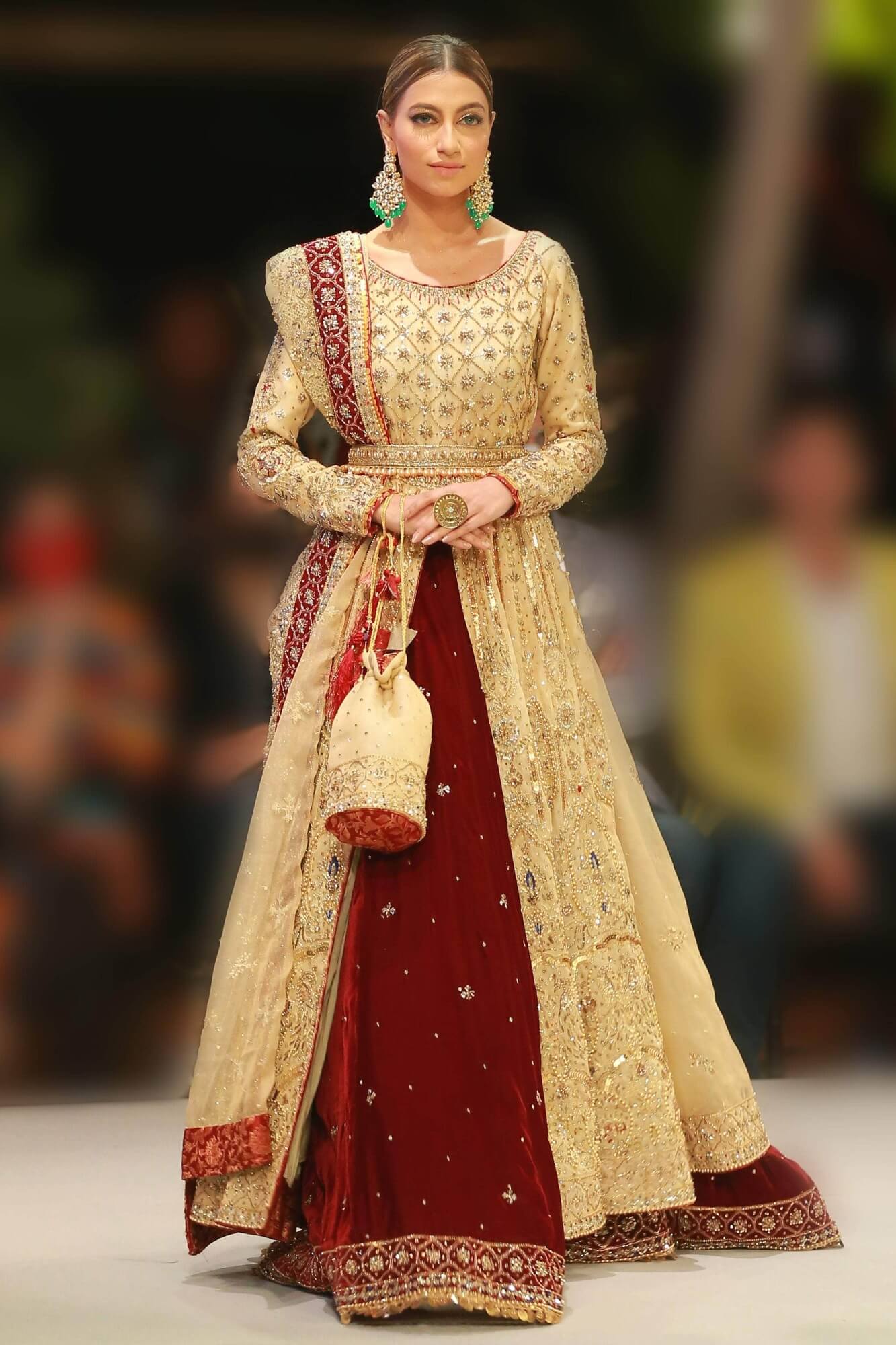 Gold & Maroon Embroidered Maysuri Tissue Velvet Lehenga (3-Piece) - Image 2