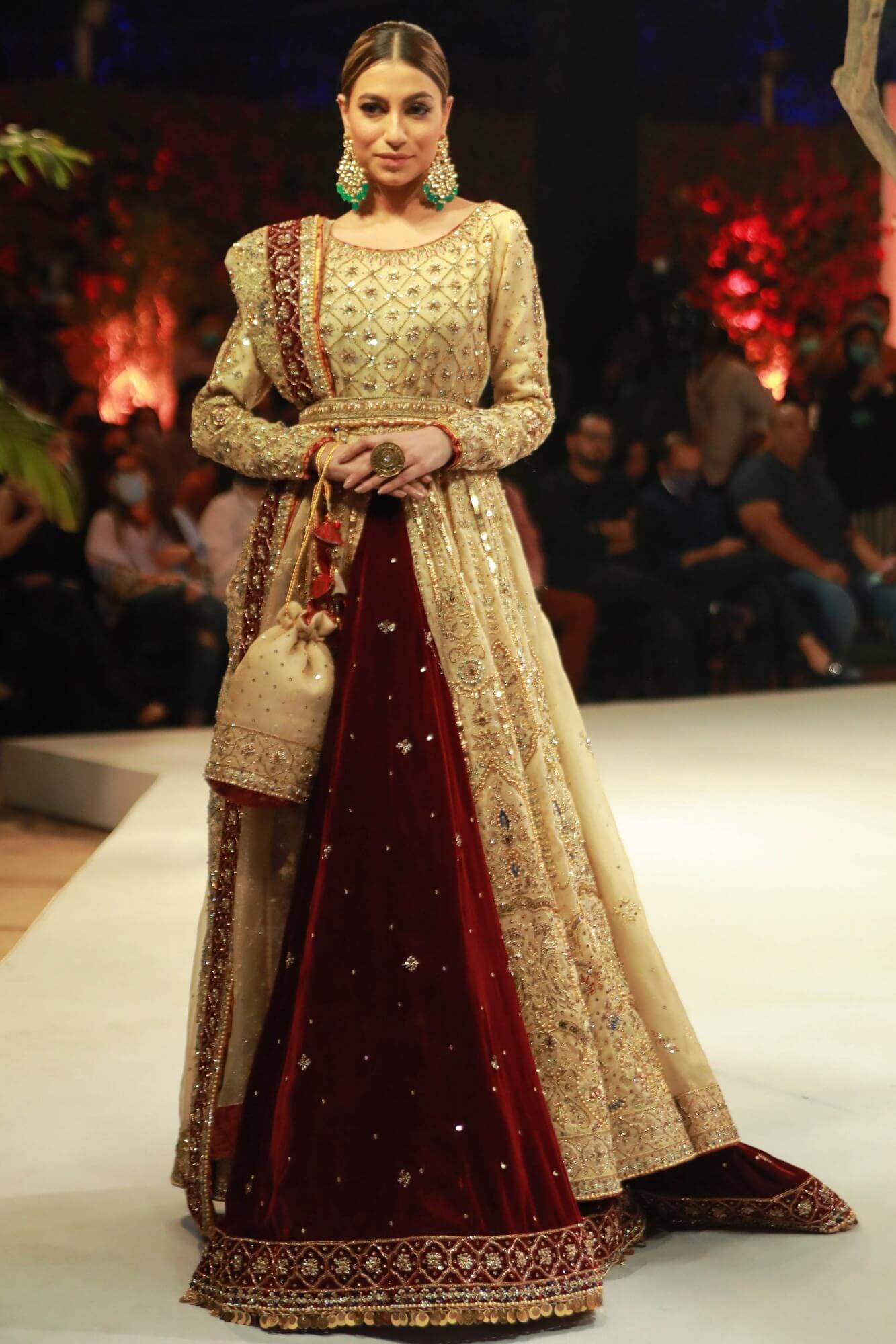 Gold & Maroon Embroidered Maysuri Tissue Velvet Lehenga (3-Piece) - Image 3