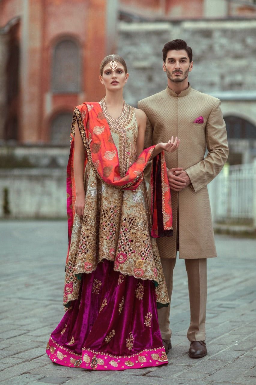 Gold Zardozi Tissue Angarkha Lehenga (3-Piece) - Image 1