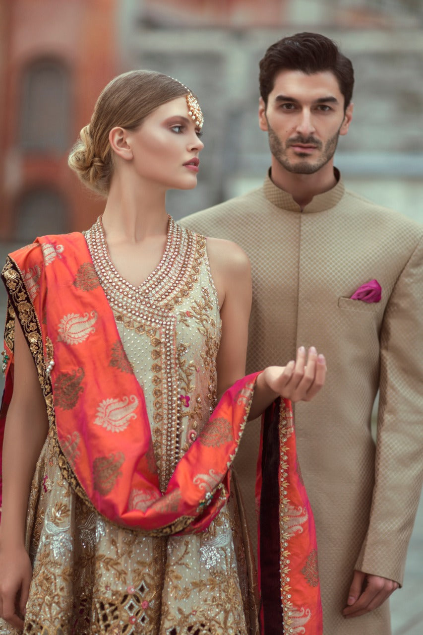 Gold Zardozi Tissue Angarkha Lehenga (3-Piece) - Image 2