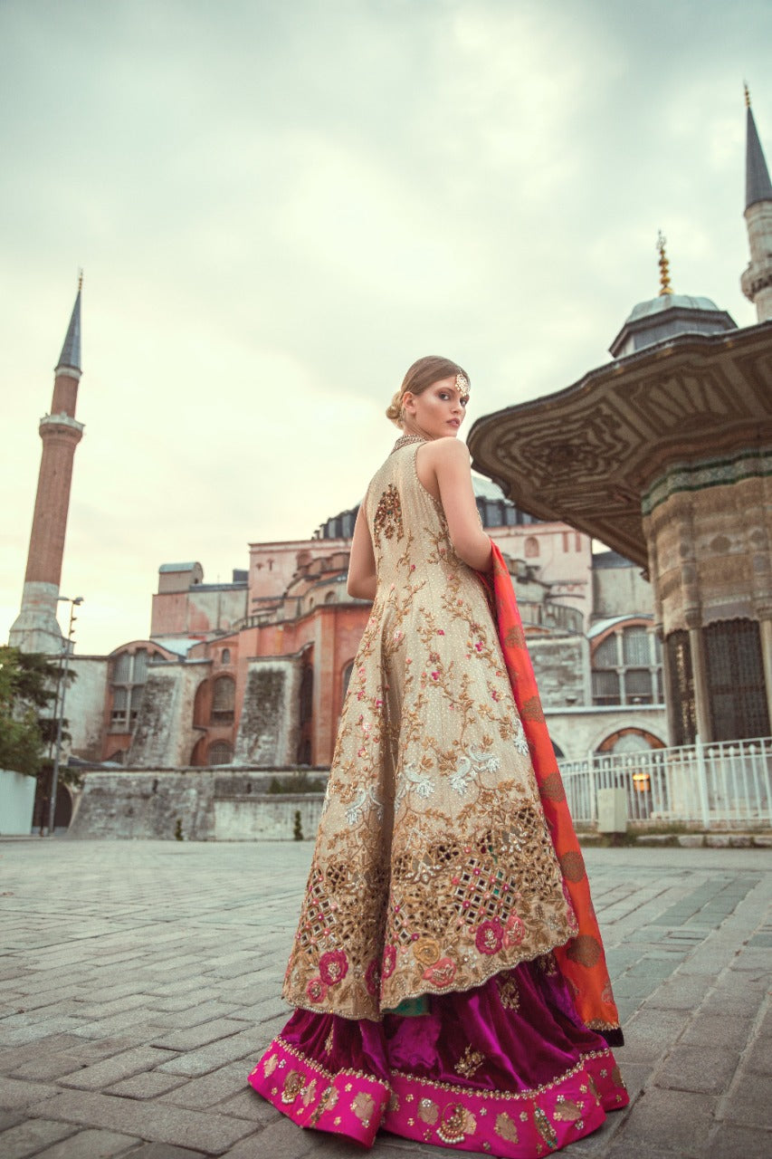 Gold Zardozi Tissue Angarkha Lehenga (3-Piece) - Image 3