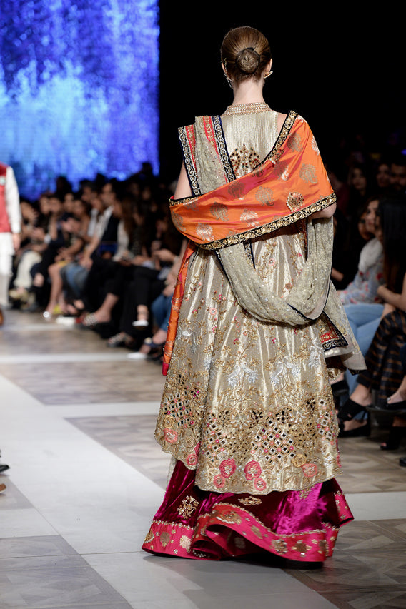 Gold Zardozi Tissue Angarkha Lehenga (3-Piece) - Image 5