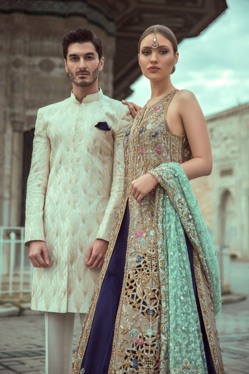 Pakistani Gold Zardozi Tissue Shirt with Velvet Lehenga (3-Piece) - Image 1