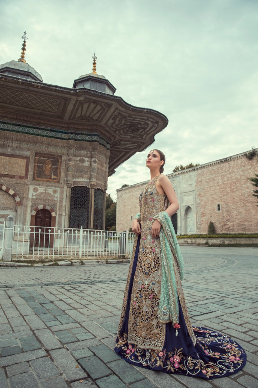 Pakistani Gold Zardozi Tissue Shirt with Velvet Lehenga (3-Piece) - Image 2