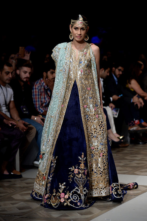 Pakistani Gold Zardozi Tissue Shirt with Velvet Lehenga (3-Piece) - Image 3