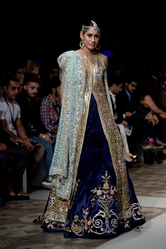 Pakistani Gold Zardozi Tissue Shirt with Velvet Lehenga (3-Piece) - Image 4