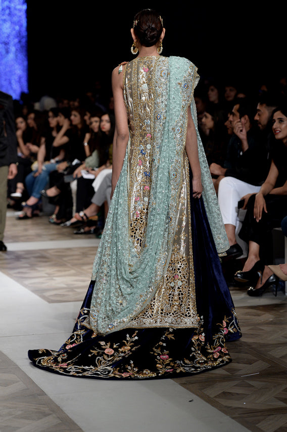 Pakistani Gold Zardozi Tissue Shirt with Velvet Lehenga (3-Piece) - Image 5