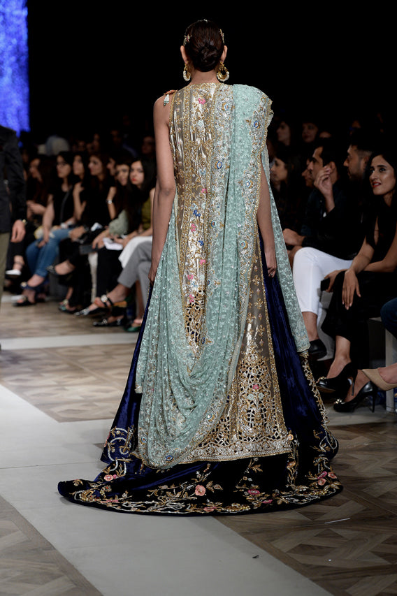 Pakistani Gold Zardozi Tissue Shirt with Velvet Lehenga (3-Piece) - Image 6